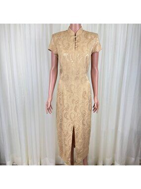 Y2K Breakin' Loose Gold Brocade Cheongsam Maxi Dress Sz 11/12 Mandarin Collar